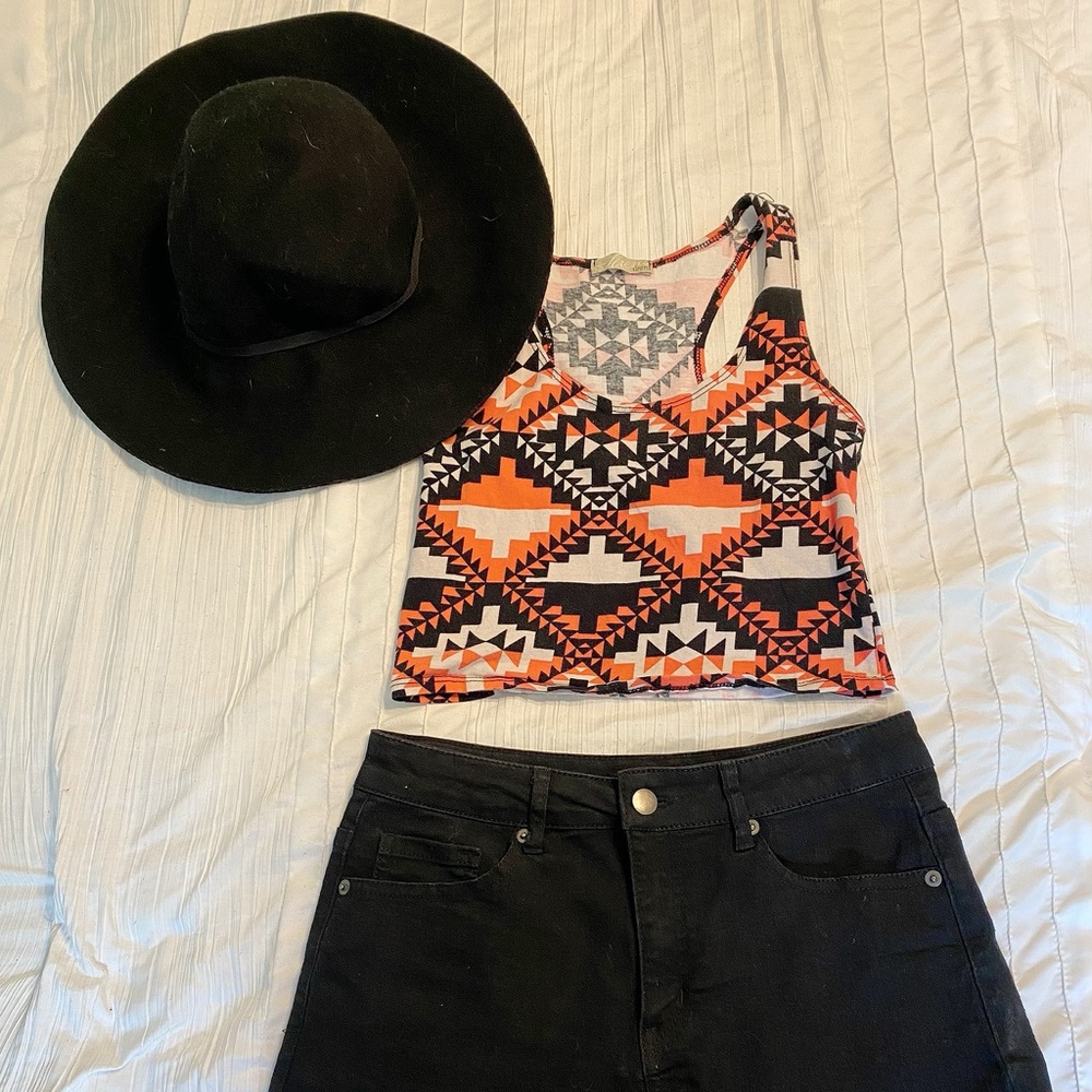 Orange and black geometric crop top